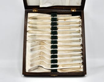 Zestaw sztućców Grosvenor Delphic Silver Plate Fish Vintage w stylu art déco z lat 40. XX wieku w australijskim pudełku Timbers