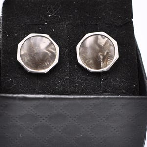 Vintage Cufflinks: Round Silver Cufflinks With Mother Of Pearl Button Chain Link - Lambourne&#39;s Cufflinks Birmingham England