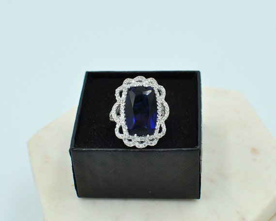 Emerald Cut Sapphire Blue Cubic Zirconia Ring Sterling Silver