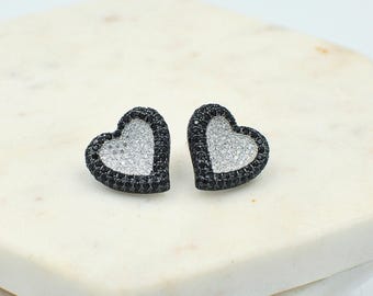 Herz Ohrringe - Schwarz und Silber 925 Sterling Silber Sparkly Pave Diamant Ohrstecker, Herz Halo Design
