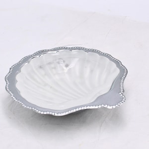 Shell Caviar/Butter Dish - Silver and Opaque Glass Seashell Shaped Dish - Scallop Shell Trinket Dish