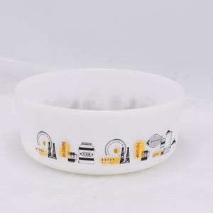 Crown Pyrex Round Souffle Bowl With Black And Gold Kitchen Motif - Vintage Pyrex Bowl
