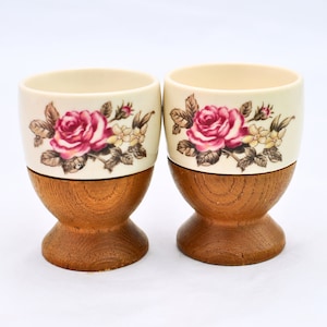 Pair of Wooden and Ceramic Floral Mid-Century Egg Cups - 1970s Cottagecore Design