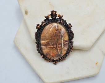 Vintage Paperbark Brooch / Pendant - Oval Brooch With Bronze Tone Frame - Australian Brooch