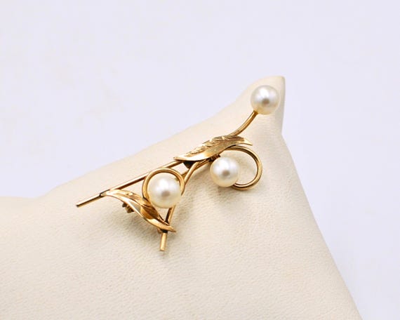 ヴィンテージ 9K ゴールド パール ブローチ：1980 年代のリーフ