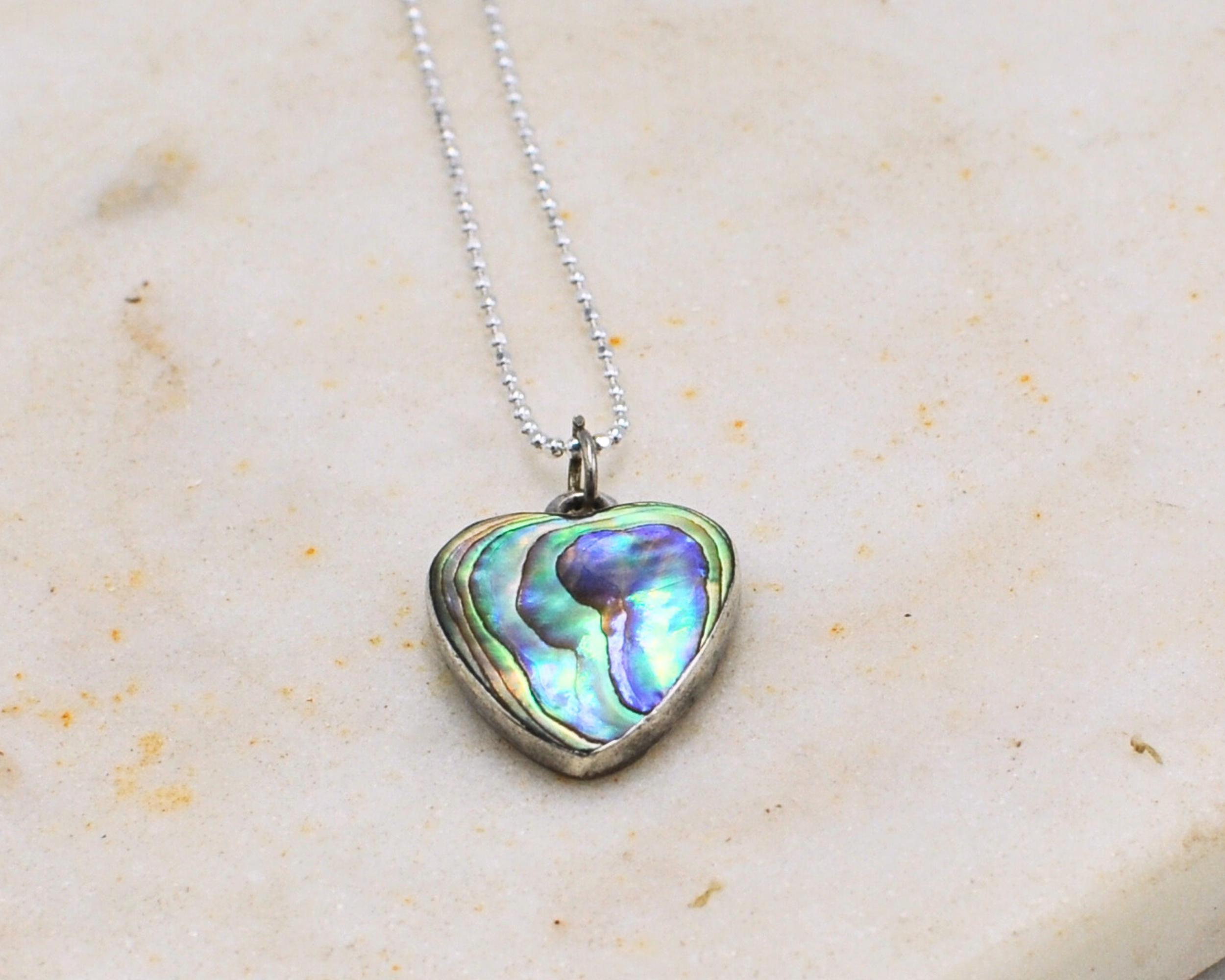 Vintage Sterling Silver Abalone Paua Shell Heart Pendant Necklace 