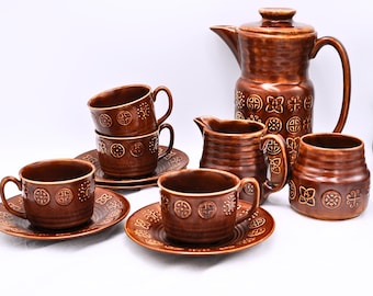 Vintage Lord Nelson Pottery England Coffee Pot Set – 4 Cups & Saucers – 1970s Ceramic