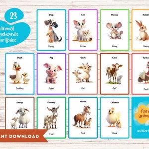 Leuke babyspellen - Dieren-flashcards | Montessori peuter/kleuterschool kleurrijke educatieve afdrukbare kaarten