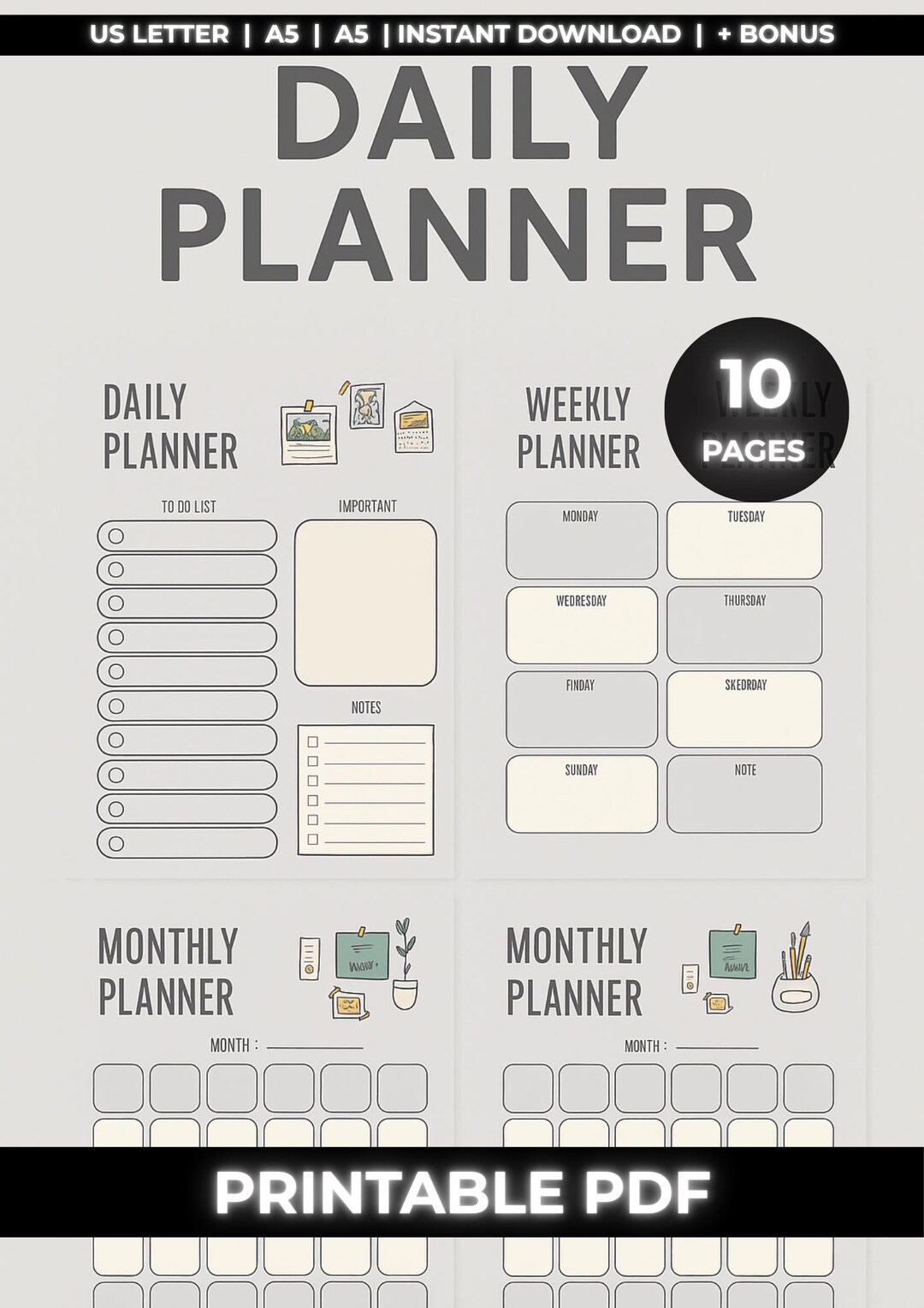 Daily Planner Printable | Yearly, Monthly, Weekly, Daily PDF | A4 A5 US ...