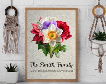 Family Flower Bouquet | Birth Month Flower Art | Personalized Gift | Printable | Grandma & Mom Birthday | Birth Flower Digital Print