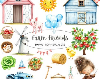 Commercial use - Farm Animal Clipart - Watercolor - Cute Farm Png - Cow - Pig - Horse - Barn - Kid's Clipart - Sublimination