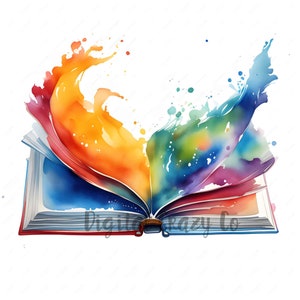book is open to a blank page, and the rainbow of colors is coming out of the top of the page. The colors are bright and vibrant, and they seem to be flowing and swirling around each other. The image is very abstract, and it is open to interpretation.