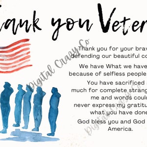 May include: Watercolor art print with the text "Thank you Veteran." The image features an American flag, silhouettes of saluting soldiers, and a heartfelt message of gratitude. A patriotic and respectful design.