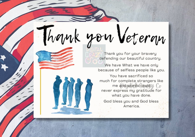 Thank A Veteran Thank You Card For Veteran Service member, Printable Veterans Day Thank You For Your Service , Army Military Navy Marines Printable card, Thank A Veteran, For Veteran Service, United States, Memorial Day Veteran