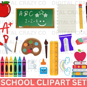 Back to School Sublimation Files School Clipart Set, School Supplies Clipart Set, PNG Files, Crayons, Pencils, Cute School Supplies Clipart