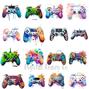 Pode incluir: Um conjunto de 12 ilustrações coloridas de aquarela de controladores de videogame. Cada controlador é de uma cor diferente e tem um design único. Os controladores estão todos contra um fundo branco.