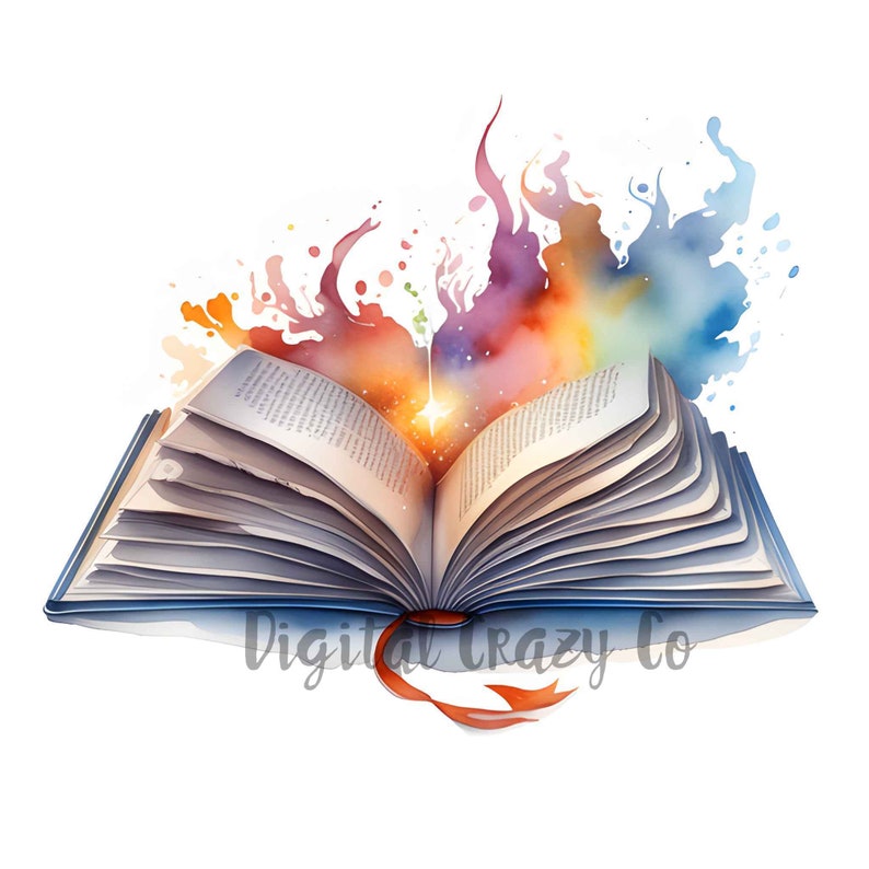 An open book with a red bookmark and watercolor flames coming out of it. The flames are bright and colorful, and they seem to be dancing around the book