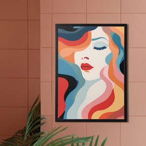 Elanor Retro Art Print, Vintage Poster, Woman Face Line Art, Digital Painting