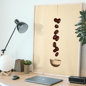 Into the Cup Digital Painting, Coffee Shop Wall Art, Coffee Beans Pouring into the Coffee Cup, Coffee Shop (1/4)