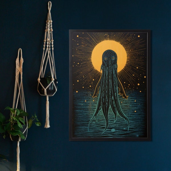 Lumino Bioluminescent Squid Print, Digital Painting, Deep Sea Creature, Firefly Squid Poster