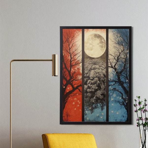 Lunar Glow Full Moon Fine Print, Red & Blue Wall Art, Three Piece Poster, Digital Painting