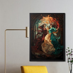 Hysteria dansende vrouwen portret, afdrukbaar digitaal schilderij, art nouveaustijl, vrouwelijke dansers kunst aan de muur