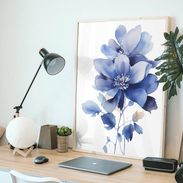 Watercolor Blue Magnolia Print, Digital Painting, Indigo Magnolia (4/4)