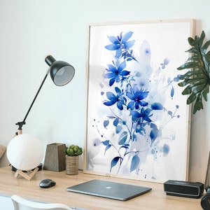 Watercolor Blue Honeysuckle Print, Digital Painting, Indigo Honeysuckle