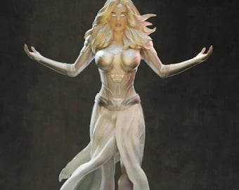 May include: A white female figure with long flowing hair and a white dress. She is standing with her arms outstretched, and her eyes are closed. The figure is illuminated by a bright light, and the background is dark.