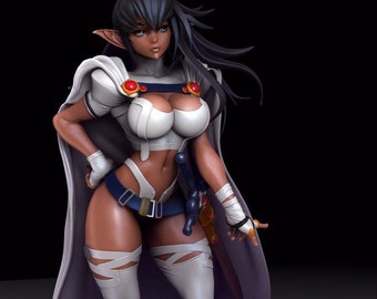 May include: A female figurine with long black hair, wearing a white and blue outfit with a purple cape. She has pointed ears and is holding a sword. The figurine is standing on a black base.