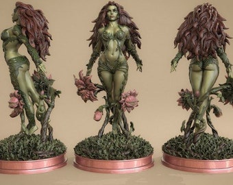 May include: A green and brown figurine of Poison Ivy, a DC Comics supervillain, standing on a base of green foliage. She is depicted with long, flowing red hair and vines growing from her body. The figurine is detailed with intricate sculpting and painting.