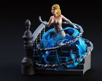 May include: A blue and silver figurine of a woman in a ball gown, running down a staircase. The woman has blonde hair and is wearing a crown.