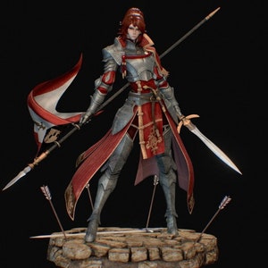 以下が含まれることがあります： 銀色の鎧を着た女性の姿。赤いマントと白と赤の旗を持っている。左手に槍、右手に剣を持っている。石の台座の上に立っており、矢が突き出ている。