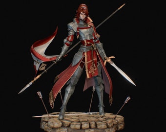 May include: A female figure in silver armor with a red cape and a white and red banner. She holds a spear in her left hand and a sword in her right hand. The figure is standing on a stone base with arrows sticking out of it.