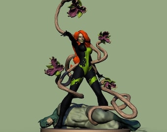 May include: A green and black Poison Ivy action figure with red hair, standing over a defeated Batman figure. The figure is made of plastic and has a detailed sculpt. The figure is posed in a dynamic action pose, with Poison Ivy's vines wrapping around Batman.