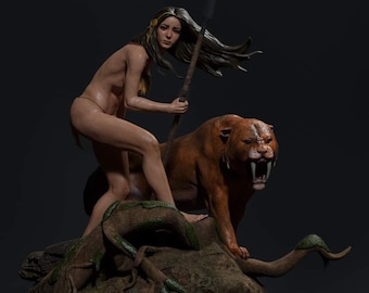May include: A detailed sculpture of a woman riding a large, orange saber-toothed tiger. The woman holds a spear and is adorned with a gold headband. The sculpture is set on a rocky base with tree roots and foliage, against a dark background.