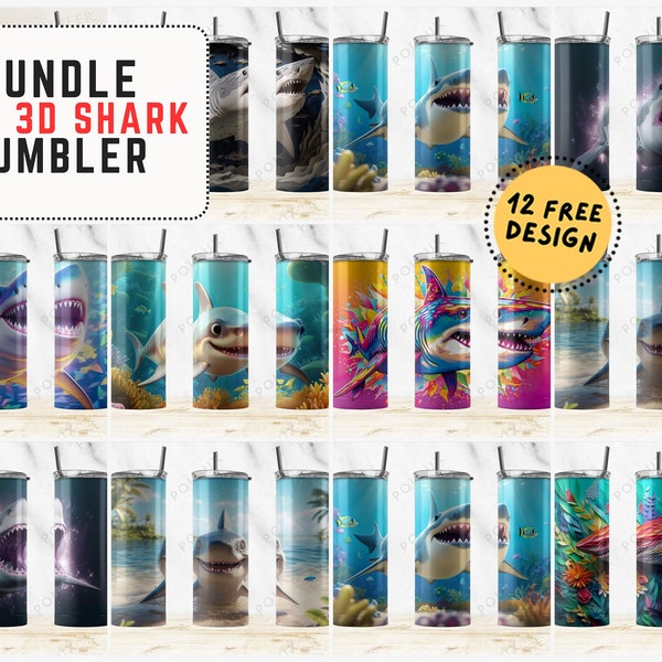 3D Bundle Shark Tumbler Wrap Design, Colorful Baby Shark Sublimation Design 20 oz Skinny Tumbler, 3d Tumbler Wrap Ocean Inspired Shark