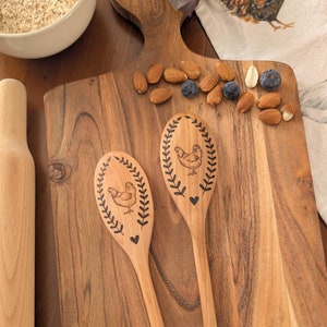 Hand-Burned Wooden Spoon with Chicken Design - Wood Burned Pyrography Kitchen Utensil