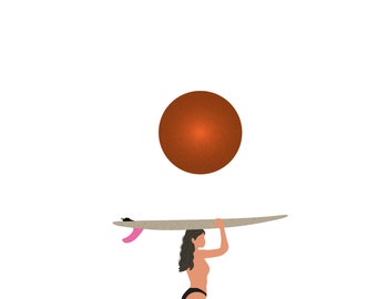 Surf Retro Illustration - Surfer Lifestyle Woman - png, ai - Clipart, Vector - Instant Download