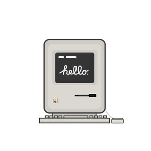 Puede incluir: Un ordenador de estilo vintage con una carcasa blanca y una pantalla negra que muestra la palabra "hello". El ordenador tiene un teclado y un ratón.