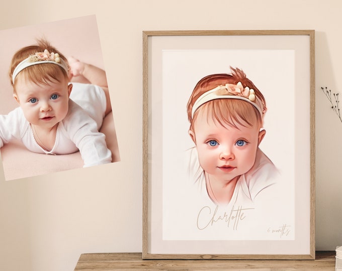Portrait personnalisé à partir d'une photo, cadeau bébé, cadeau portrait personnalisé, portrait de bébé, portrait personnalisé, portrait de famille