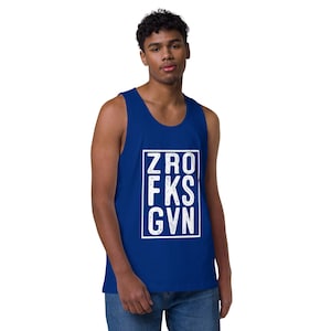 May include: A royal blue sleeveless tank top with a white graphic that reads "ZERO FKS GVN" in a distressed font.