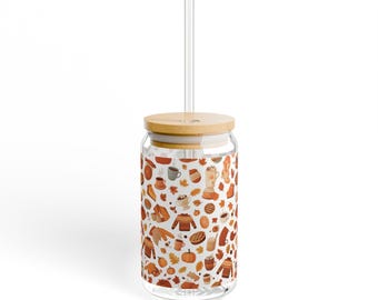 Fall Sipper Glass with Lid and Straw, 16oz Autumn Coffee Tumbler
