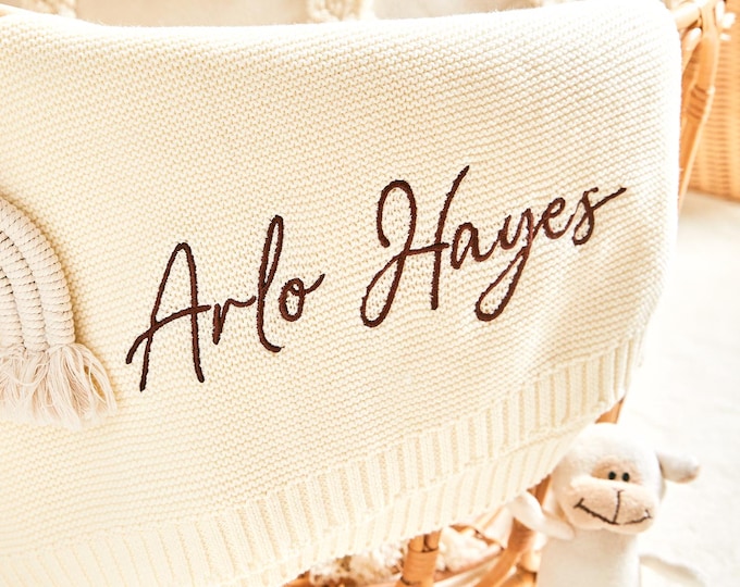 Personalized Embroidered Knitted Baby Blanket - Custom Name Soft Cotton Newborn Gift, Gender Neutral Hospital Coming Home