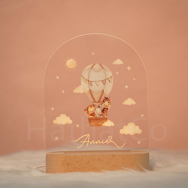 Cute night light, personalised night light, customisable name, animal night light in hot air balloon, gift for kids