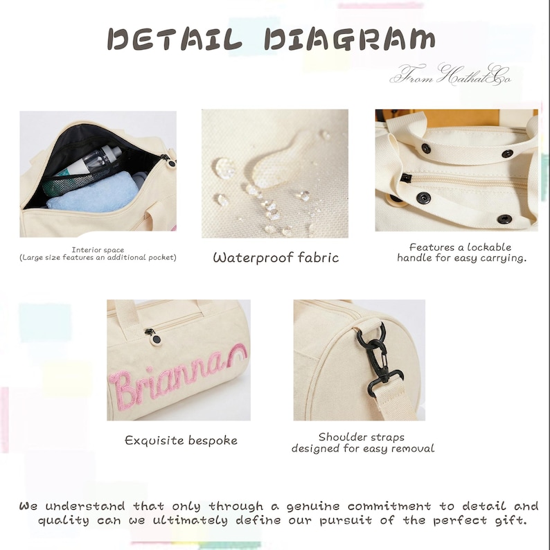 May include: Detail diagram of a beige duffel bag with features including waterproof fabric, lockable handle, and shoulder straps. The bag has an interior pocket and can be personalized with a name. Text on the image reads "DETAIL DIAGRAM" and "From Kathal & Co."