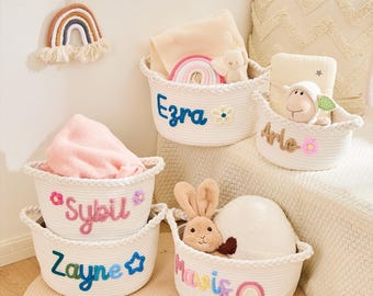 Personalized Crochet Basket: Handmade Cotton Baby Name Nursery Organizer