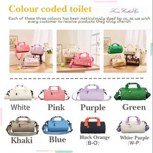 May include: A variety of small, personalized duffel bags in various colors, including white, pink, purple, green, khaki, blue, black with orange handles, and white with purple accents. The bags have shoulder straps and are labeled with names.