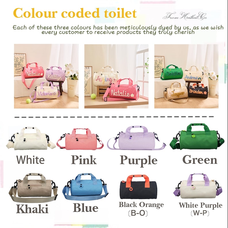 May include: A variety of small, personalized duffel bags in various colors, including white, pink, purple, green, khaki, blue, black with orange handles, and white with purple accents. The bags have shoulder straps and are labeled with names.