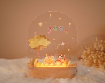 Personalised baby night light with wooden base, animals night light baby gift birth, custom name nursery light baby gift